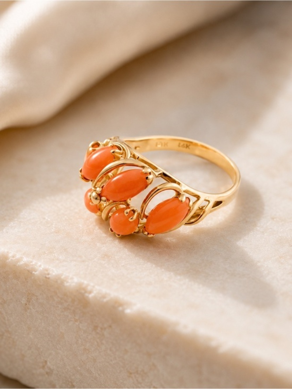 Beautiful Vintage Coral Ring in 14KT Gold Marquise Cluster Ring